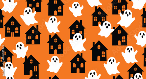 Spooky halloween pattern featuring black silhouettes of haunted houses and white floating ghosts on a vibrant orange background for party decor.