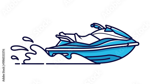 A sleek, modern jet ski with water splashing from its wake, captured in a dynamic side profile illustration against a clean background, perfect for summer fun and water sports