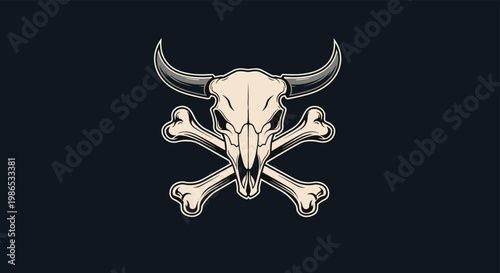 Graphic illustration of a detailed cow skull with horns positioned over two large crossed bones on a solid dark background in a tattoo style.