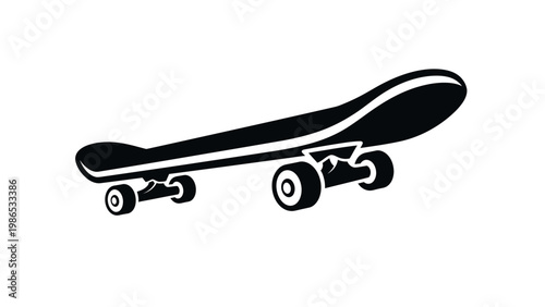 Isolated black silhouette of a skateboard on a white background, representing a popular extreme sport and urban transportation