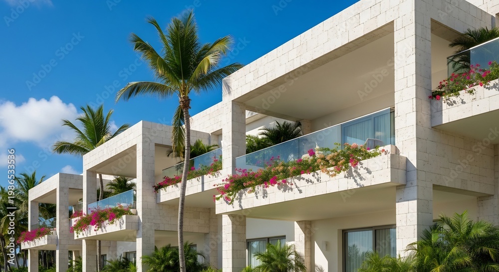 Fototapeta premium Modern Tropical Resort Architecture with Palm Trees and Balconies.