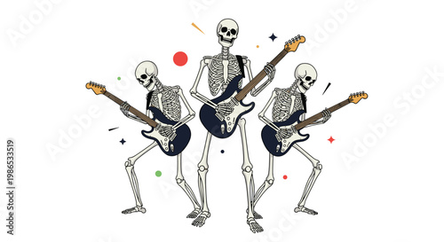 Three skeletons performing in a rock band playing electric guitars and striking poses on a white background with small colorful abstract shapes.