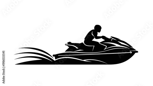 Silhouette of a person riding a jet ski with water splashing behind it on a white background, representing water sports and recreation