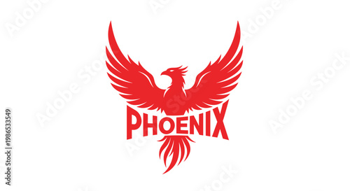 Powerful red phoenix bird with wide spread wings and a rising fire motif above a bold text logo on a clean white background for branding.