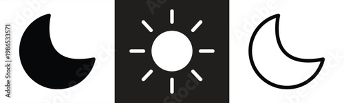 Sun and moon icon vector day and night icon set. dark and light mode icons , Screen brightness and contrast level signs and symbols for app user interface and web elements