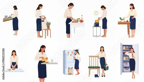 Set of Illustrations Showing a Woman Meal Prepping, Organizing Food, and Preparing for Her Daily Routine at Home