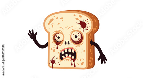 Humorous illustration of a slice of white bread turned into a zombie with green skin bulging eyes and missing teeth on a white background.