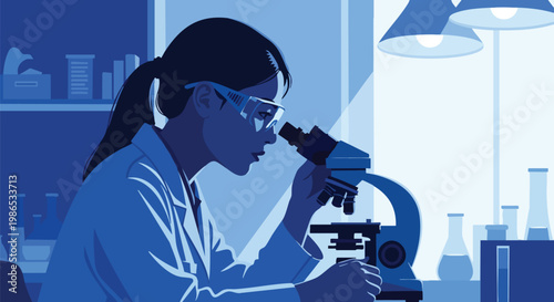 Female scientist examining samples through microscope in laboratory setting with various equipment