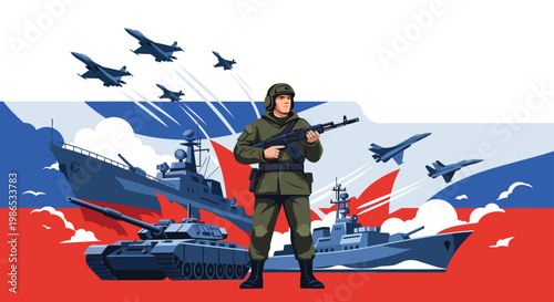 Patriotic illustration of a soldier standing with military assets including tanks warships and jet planes under a colorful national flag.