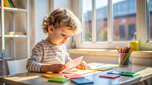 Toddler child drawing with colorful pencils and paper at desk by window