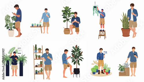 Flat illustration set of a man using smart technology and mobile apps to care for various indoor plants and houseplants at home.