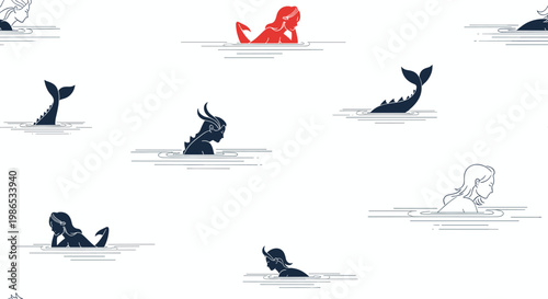 Elegant pattern of mermaid silhouettes in dark blue and one red accent swimming in white water with subtle ripple lines for ocean themes.