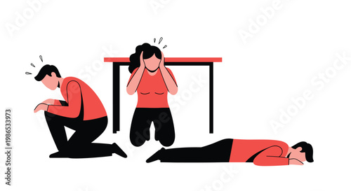 People demonstrating earthquake safety procedures including kneeling covering the head and hiding under a table for emergency training.