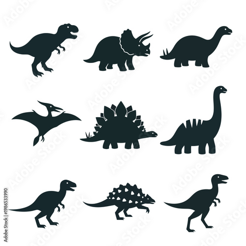 A collection of nine distinct black dinosaur and prehistoric creature silhouettes, including bipedal, quadrupedal, and flying types.