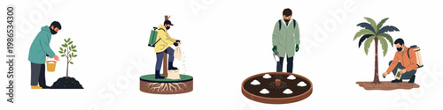 Illustration set of agricultural workers in protective gear performing various tasks like fertilizing, watering, and planting trees, isolated on a white background.