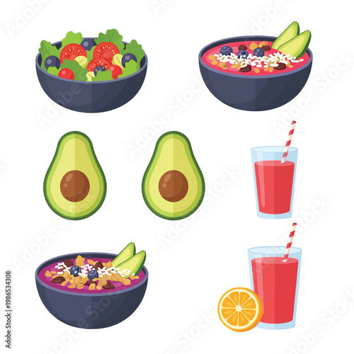 Vibrant cartoon illustration showcasing a variety of fresh, nutritious food and beverages like green salads, berry smoothie bowls, sliced avocados, and refreshing fruit juices.