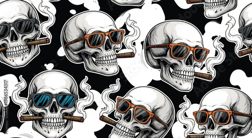Edgy seamless pattern design featuring skulls wearing sunglasses and smoking cigars with smoke clouds on a black background.