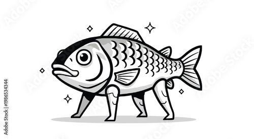 Surreal black and white illustration of a fish with four legs walking on a white background with sparkling stars.