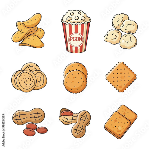 A colorful collection of various popular snack foods including chips, popcorn, cookies, crackers, and peanuts.