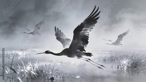 Cranes Flying Over Silver Marsh with Elongated Ink Silhouettes in Layered Misty Gracefulness