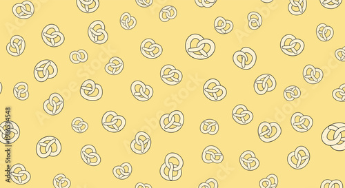 Playful pattern design of many small salty pretzels scattered across a soft yellow background for snacks and party themes.