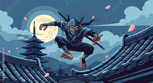 Dynamic Ninja Warrior Leaping Across Rooftops Under a Full Moon.