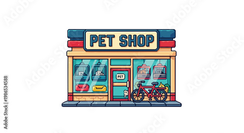 This vector illustration features a colorful pet shop storefront with cages and pet beds in the window and a bicycle parked on the sidewalk.