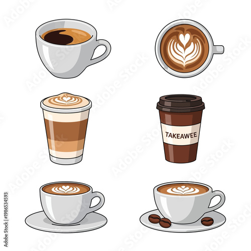 A collection of six cartoon illustrations depicting various coffee drinks in different cups and styles, including espresso, latte, and takeaway options.