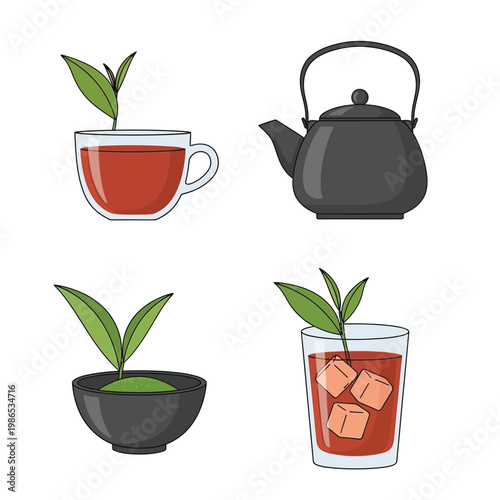 Illustrations of various tea preparations including hot tea, a teapot, matcha, and iced tea with fresh leaves.