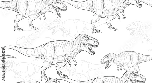 Detailed seamless pattern of Tyrannosaurus Rex dinosaur skeletons and outlines repeating on a light background for kids.