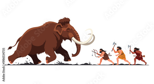 Primitive illustration of a group of cavemen armed with spears and axes hunting a large woolly mammoth on a white background.