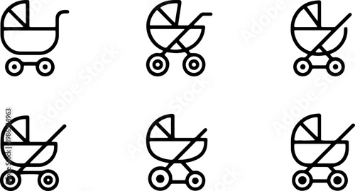 Minimal Baby Stroller Line Icon Set with Multiple Pram Variations for Parenting, Childcare, and Infant Transport UI Design Projects