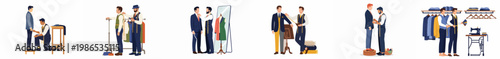 Flat vector illustration collection of professional tailors measuring and fitting bespoke suits for male clients in a stylish boutique tailor shop environment.