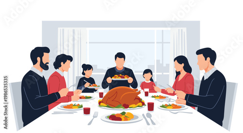 Heartwarming illustration of a large family gathered around a dining table for a traditional Thanksgiving dinner with turkey.