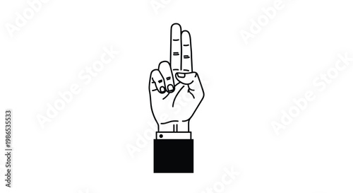 Black and white line drawing of a human hand with the index and middle fingers pointing upwards in a salute or victory sign.