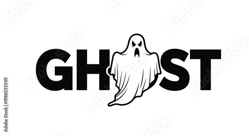 Creative typography design of the word Ghost with a spooky white ghost character replacing the letter O on white background.