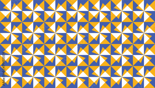 Seamless geometric pinwheel pattern, abstract vector background with repeating blue and orange triangle shapes.