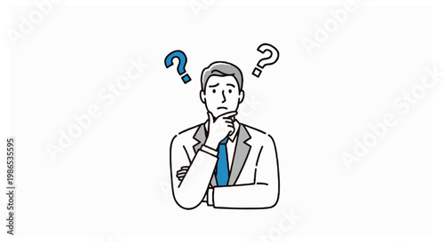 A male doctor in a white coat and blue tie stands thoughtfully with two question marks floating by his head on a white background.