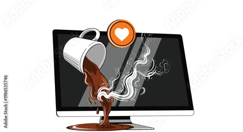 Illustration of coffee spilling from a mug onto a desktop computer monitor with a floating heart icon symbolizing social media engagement.