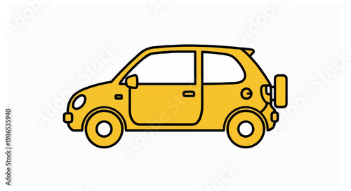 Side profile of a compact yellow car featuring a rear mounted spare tire and a rounded minimalist body design on a plain background.