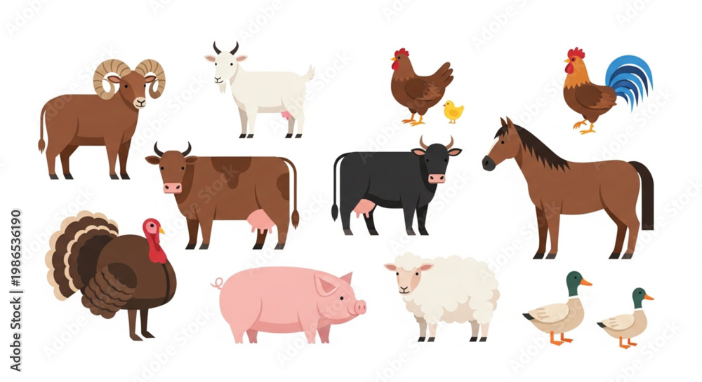 Fototapeta premium Modern Flat Farm Animals Vector Set With Minimalist Geometric Icons of Cow Pig Horse Sheep Chicken and Turkey Isolated on White Background