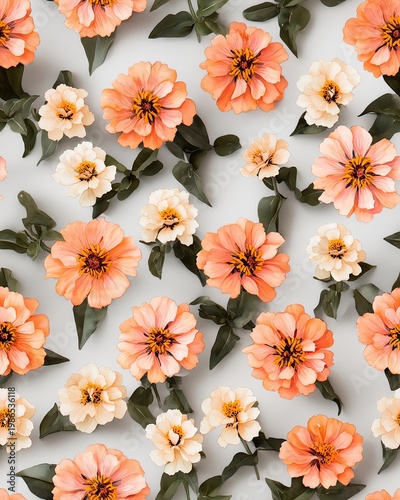 A Seamless Pattern Beautiful arrangement of orange and white flowers with green leaves on a light background.