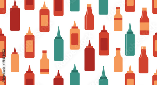 Seamless pattern featuring a variety of colorful plastic squeeze bottles for condiments like ketchup and mustard on a white background.
