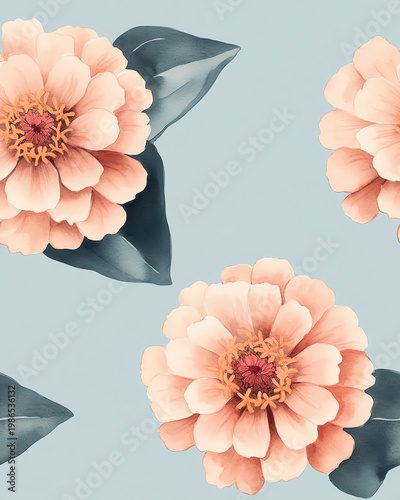 A Seamless Pattern Beautiful blooming flowers with soft petals and lush green leaves on a pastel background.