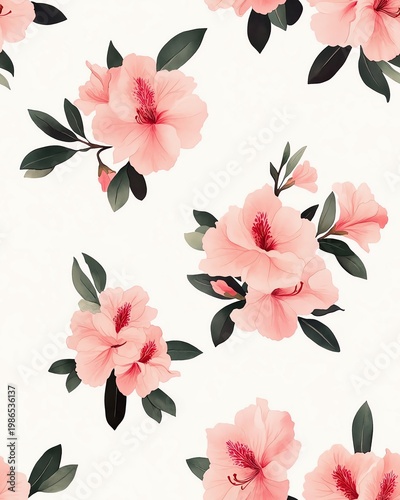 A Seamless Pattern Beautiful pink hibiscus flowers with green leaves on a light background.