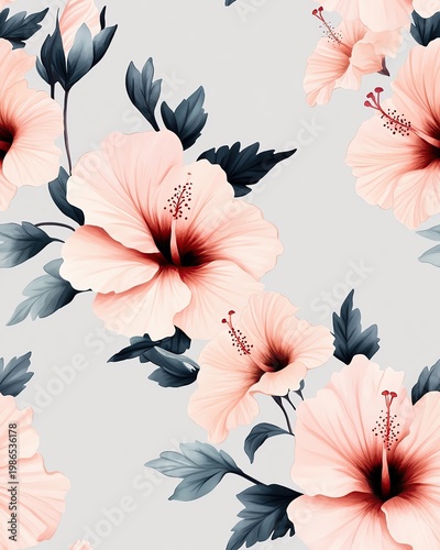 A Seamless Pattern Beautiful hibiscus flowers with delicate petals and lush green leaves in soft tones.