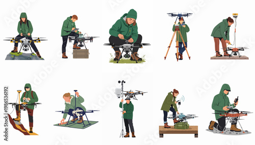 Collection of vector illustrations depicting professional operators using drones for aerial surveying, mapping, and environmental research in various outdoor field scenarios.