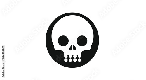 Minimalist black and white icon featuring a stylized white skull centered within a solid black circle on a white background.