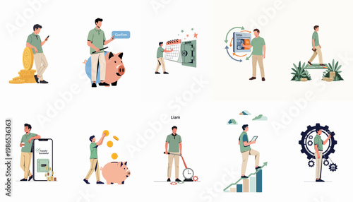 Flat vector set showing a man managing personal finances, saving in a piggy bank, using online banking apps, and tracking investment growth.
