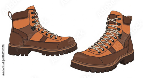 Pair of brown and orange leather hiking boots flat vector illustration set with side and front view isolated on white background for outdoor gear and travel design